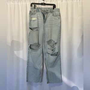 American Eagle LBlue Distressed wide leg curvy high rise baggy straight jeans